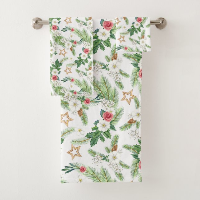 Festive Winter Botanicals All Over Print Bath Towel Set (Insitu)