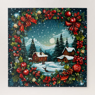 Festive Winter Cabin Scene by Christmas Wreath Jigsaw Puzzle