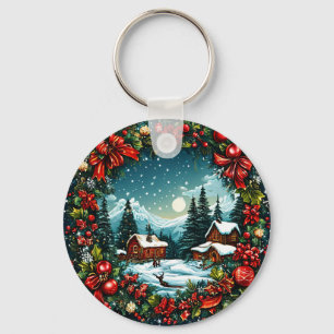 Festive Winter Cabin Scene by Christmas Wreath Key Ring