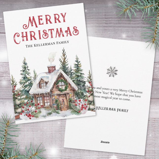 Festive Winter Cabin Watercolor Christmas Holiday Card (Festive Winter Cabin Watercolor Christmas Holiday Card )