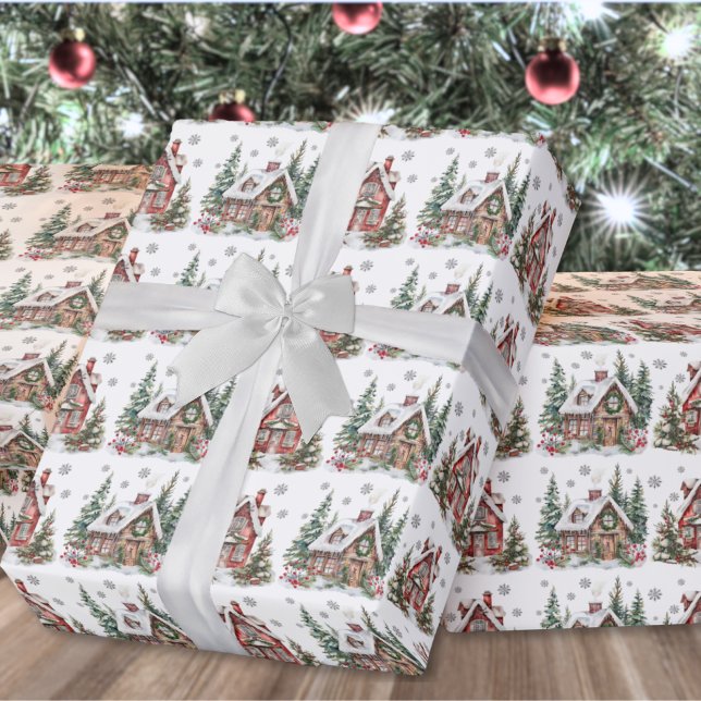 Festive Winter Cabin Watercolor Christmas Wrapping Paper (Festive Winter Cabin Watercolor Christmas Wrapping Paper )