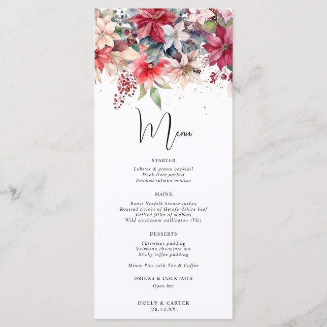 Festive Winter Christmas Florals Wedding Menu (Front)