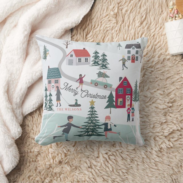 Festive Winter Christmas Town/Village Holiday Cushion (Blanket)