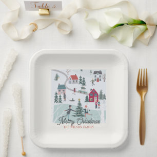Festive Winter Christmas Town/Village Holiday Paper Plate