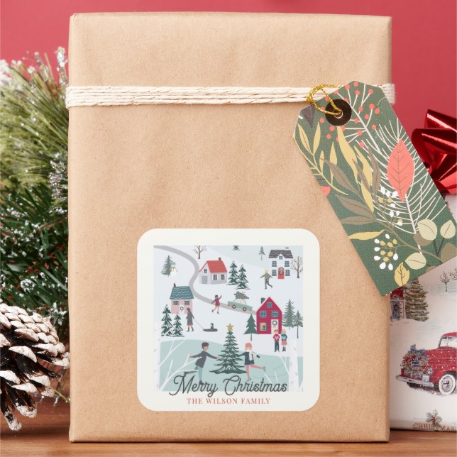 Festive Winter Christmas Town/Village Holiday Square Sticker (Holiday)