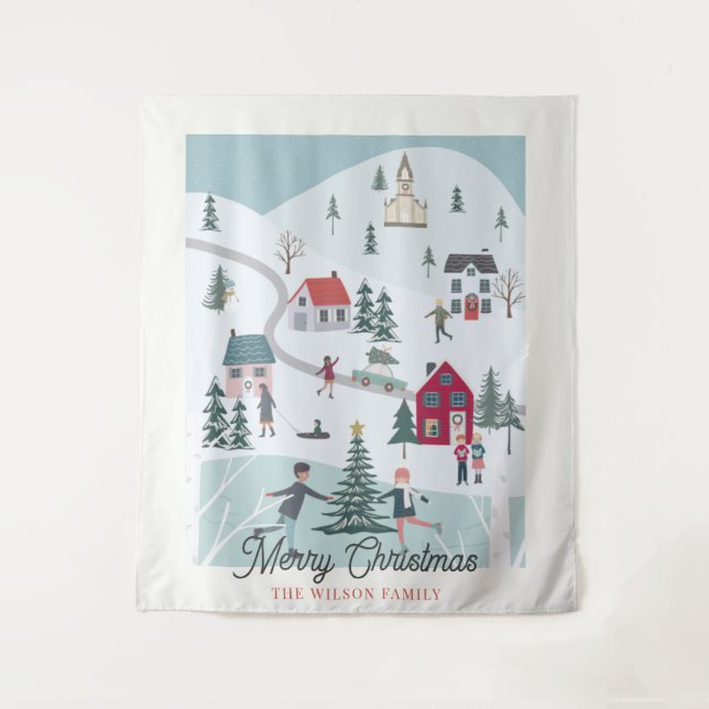 Festive Winter Christmas Town/Village Holiday Tapestry (Front)
