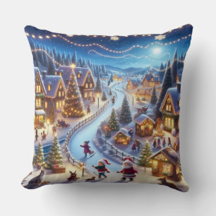 Festive Winter Christmas Village Night Cushion