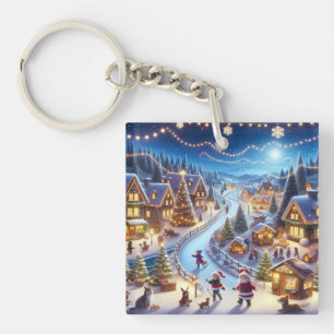 Festive Winter Christmas Village Night Key Ring