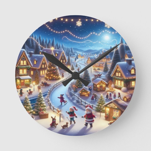 Festive Winter Christmas Village Night Round Clock (Front)