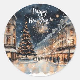 Festive Winter Cityscape with Fireworks Classic Round Sticker