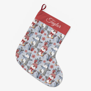 Festive Winter Dancing Penguins Large Christmas Stocking