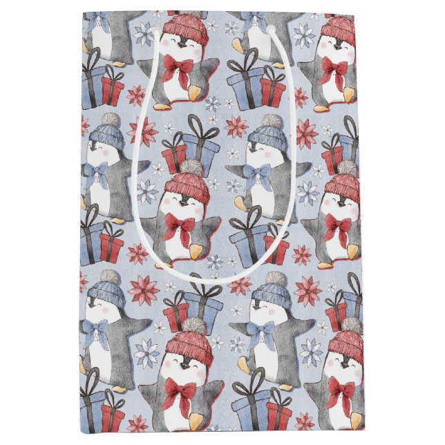 Festive Winter Dancing Penguins Medium Gift Bag (Front)