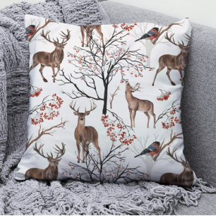 Festive Winter Deer Woodland Pattern Christmas Cushion