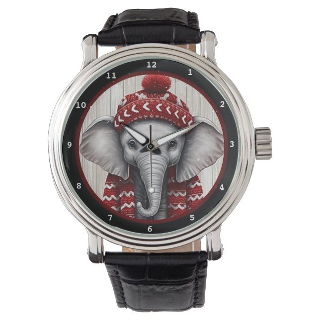 Festive Winter Elephant Wearing Cosy Hat Watch (Front)