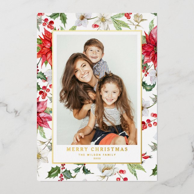 Festive Winter Floral Pattern Christmas Photo Foil Holiday Card (Front)