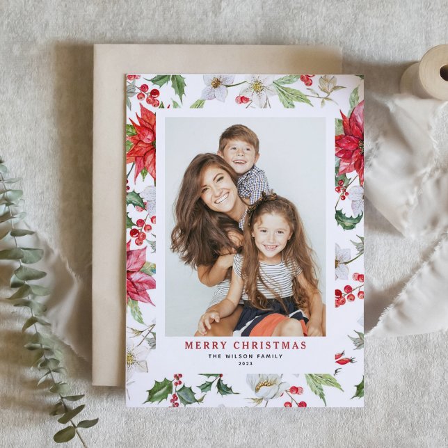 Festive Winter Floral Pattern Christmas Photo Holiday Card (Creator Uploaded)