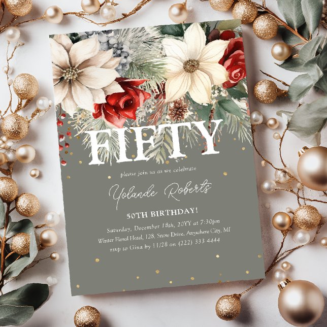 Festive Winter Florals 50th Birthday Invitation (Creator Uploaded)