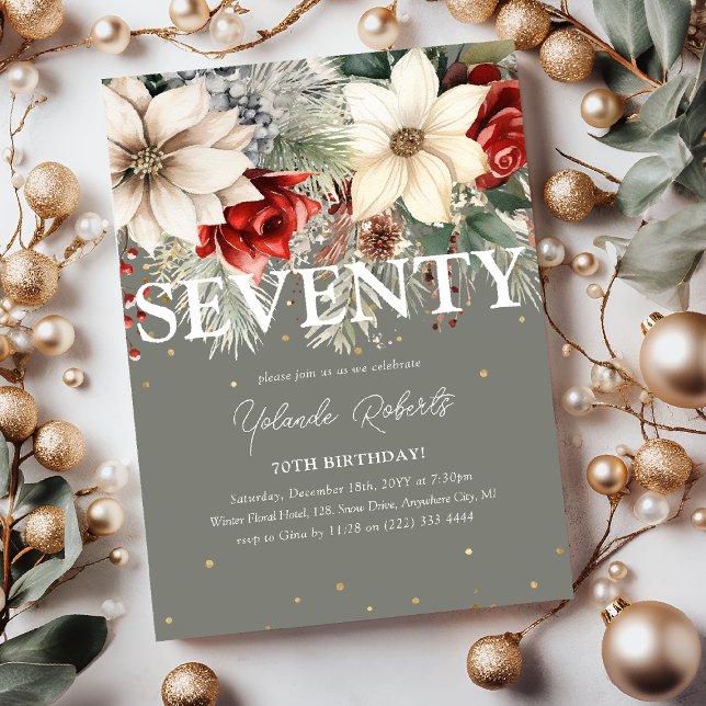 Festive Winter Florals 70th Birthday Invitation (Creator Uploaded)
