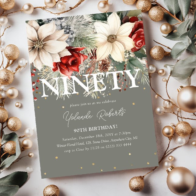 Festive Winter Florals 90th Birthday Invitation (Creator Uploaded)