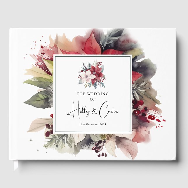 Festive Winter Florals Christmas Wedding Guest Book (Front)
