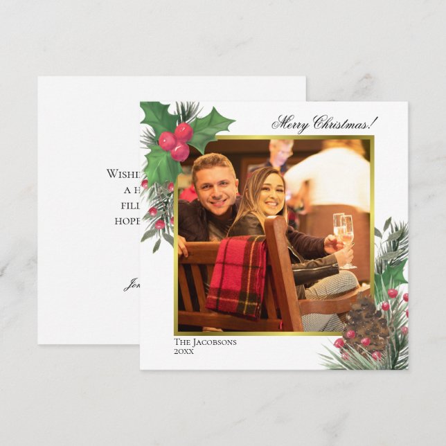 Festive Winter Foliage Holly Berries & Pine Photo Holiday Card (Front/Back)