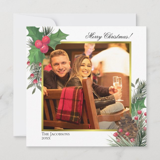 Festive Winter Foliage Holly Berries & Pine Photo Holiday Card (Front)
