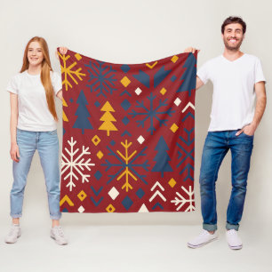 Festive Winter Forest Bold Nordic Pattern Fleece Blanket