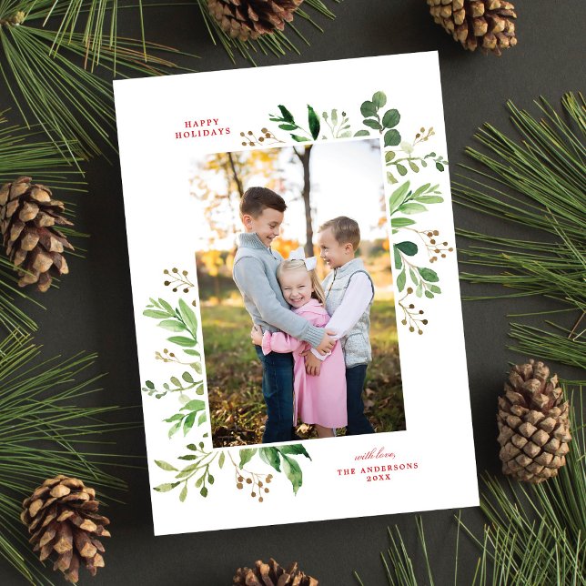 Festive Winter Greenery Elegant Botanical Photo  Holiday Card (Creator Uploaded)