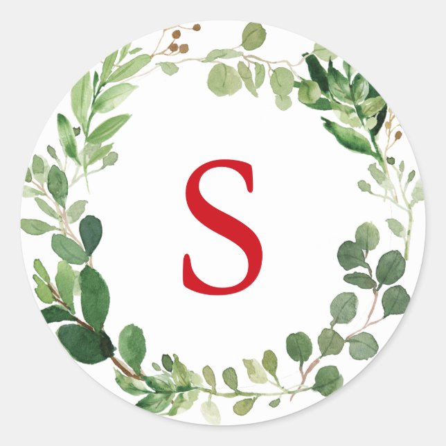 Festive Winter Greenery Monogram Holiday Botanical Classic Round Sticker (Front)