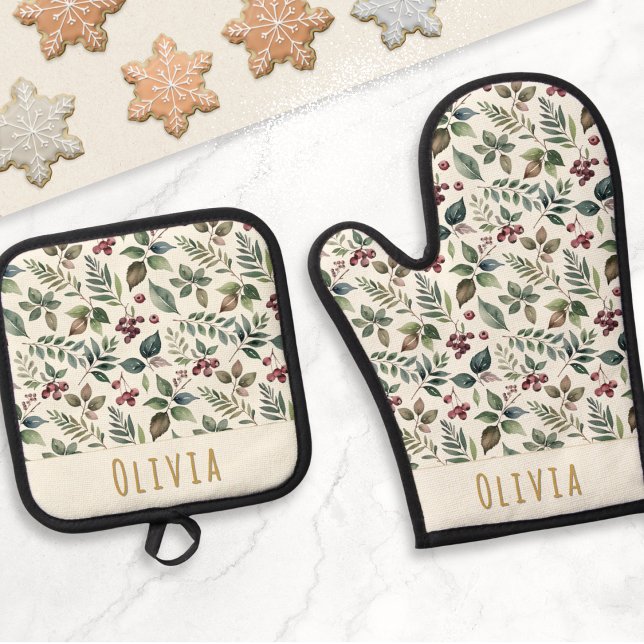 Festive Winter Greenery Personalised Christmas Oven Mitt & Pot Holder Set (A personalized oven mitt and pot holder set, with Christmas botanical pattern of leaves and berries)