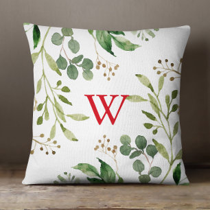 Festive Winter Greenery Watercolor Monogram  Cushion