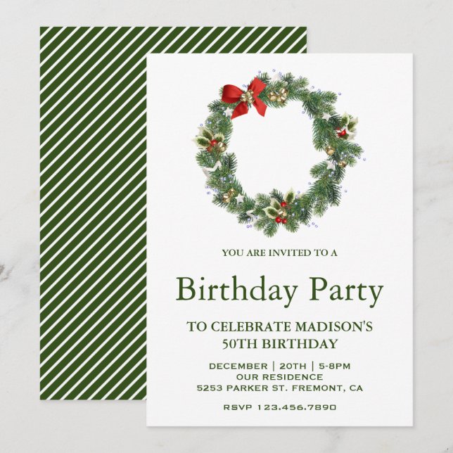 Festive Winter Holiday Christmas Wreath Birthday Invitation (Front/Back)