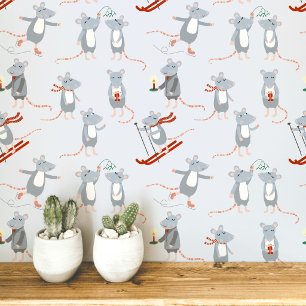 Festive Winter Holiday Mice Blue Wallpaper