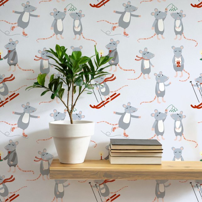 Festive Winter Holiday Mice Blue Wallpaper (Fun winter mice art wallpaper)