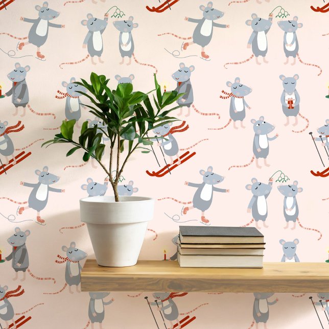 Festive Winter Holiday Mice Pink Wallpaper (Fun winter mice art wallpaper)