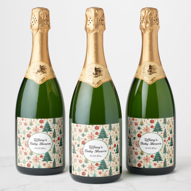 Festive Winter Pattern Baby Shower  Sparkling Wine Label (Bottles)
