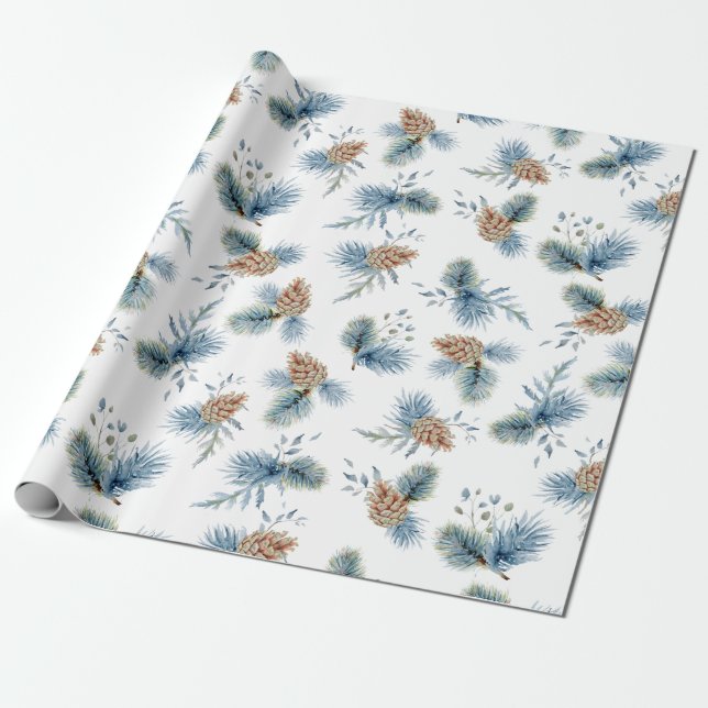 Festive Winter Pine and Evergreens Wrapping Paper (Unrolled)