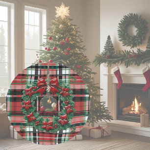 Festive Winter Plaid Rustic Farmhouse Wreath Brushed Polyester Tree Skirt