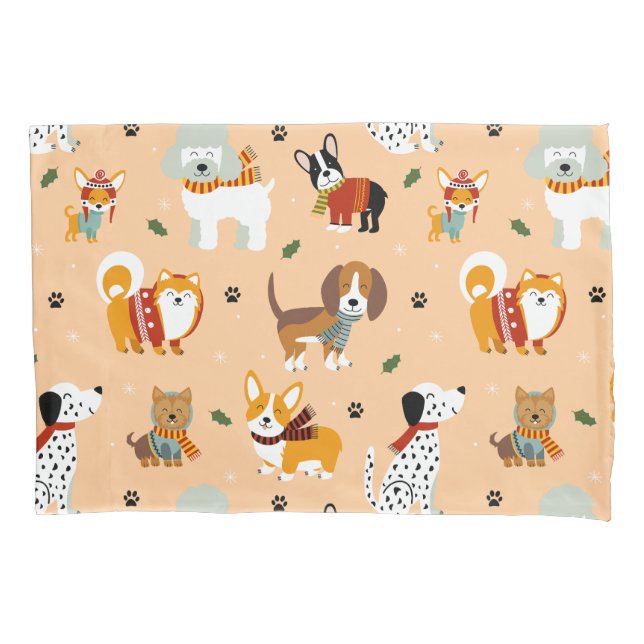 Festive Winter Puppy Scarves Pillowcase (Front)