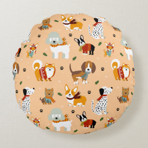 Festive Winter Puppy Scarves Round Cushion