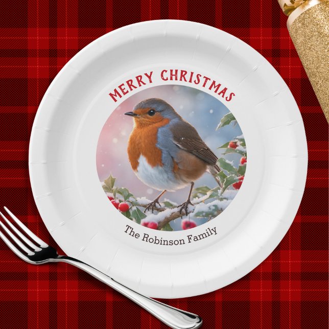 Festive Winter Robin Pretty Watercolor Christmas Paper Plate (A personalized festive paper plate with Merry Christmas greeting and winter robin illustration)