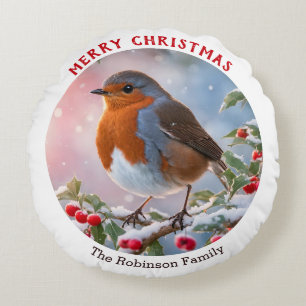 Festive Winter Robin Pretty Watercolor Christmas Round Cushion