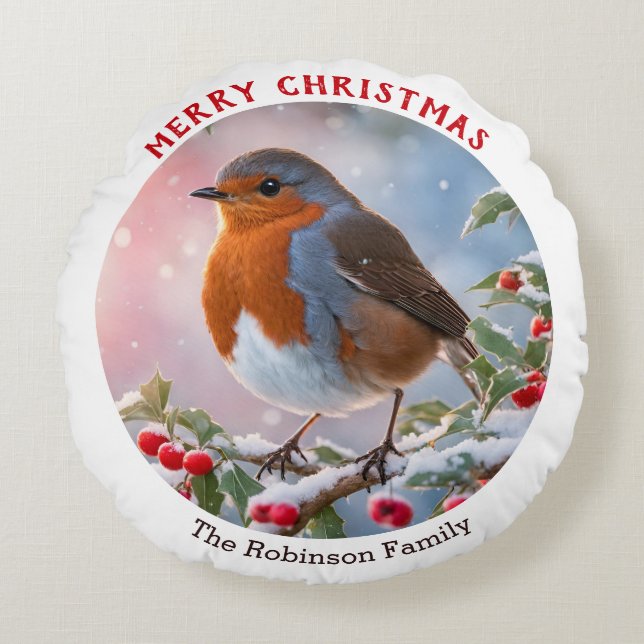 Festive Winter Robin Pretty Watercolor Christmas Round Cushion (Front)