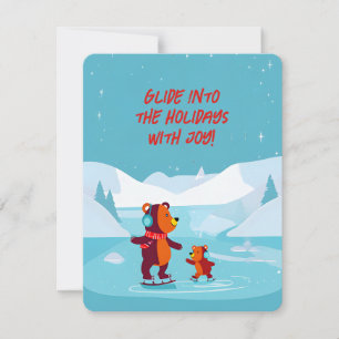 Festive Winter Scene Adorable Ice Skating Bears Holiday Card