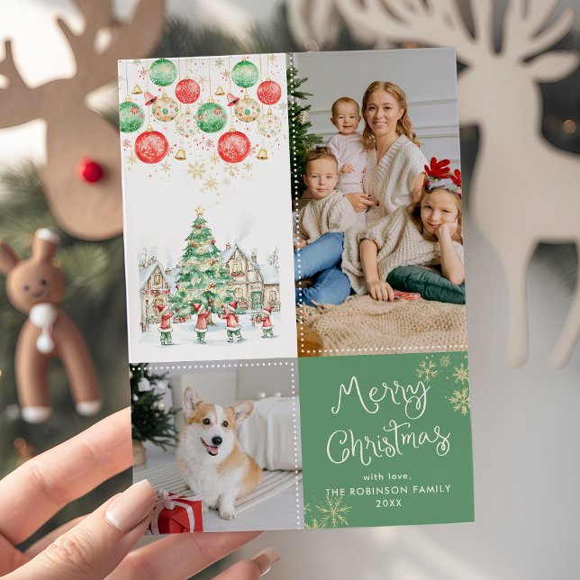 Festive Winter Scene Merry Christmas Green 2 Photo Holiday Card (Creator Uploaded)