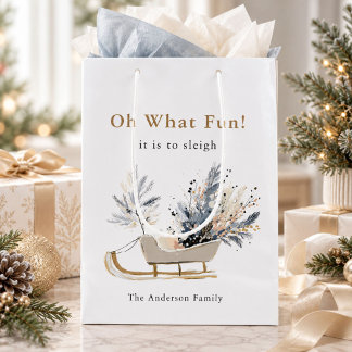 Festive Winter Sleigh Botanical Christmas Holiday Medium Gift Bag