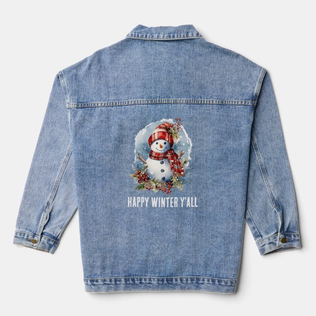 festive Winter snowman add text  Denim Jacket (Back)