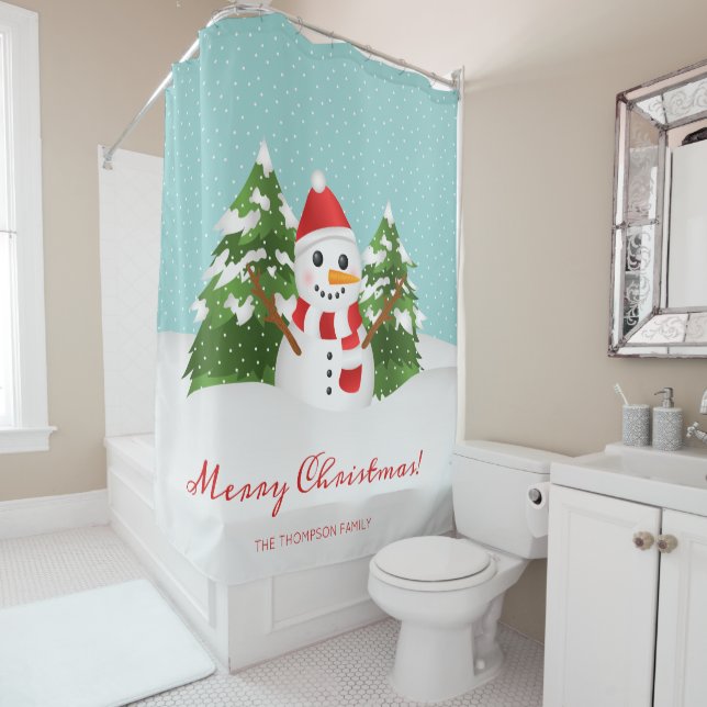 Festive Winter Snowman & Custom Name Christmas Shower Curtain (In Situ)