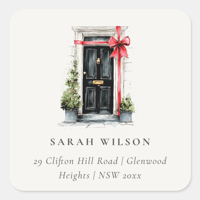 Festive Winter Watercolor Front Door Address Square Sticker (Front)