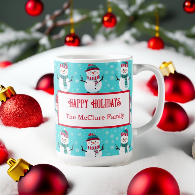 Festive Winter Wonderland Blue Snowmen Christmas Coffee Mug (Festive Winter Wonderland Personalized Christmas Mug)